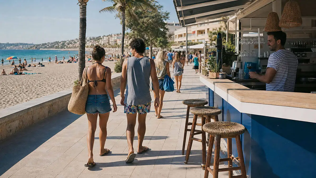 Paseo marítimo español en agosto, camarero sirviendo vaso de bebida en terraza junto a arena; turistas con chanclas miran el 
