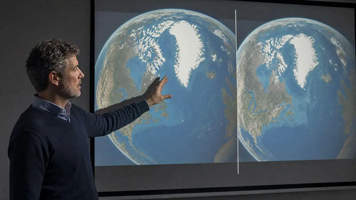 Comparativo abstracto de dos proyecciones del mundo: Mercator y Equal Earth en paneles sin texto; Groenlandia alargada vs áre
