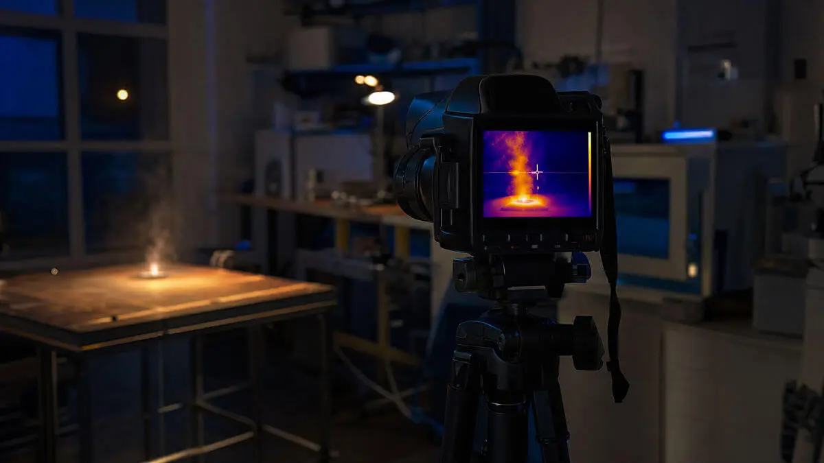 Interior de laboratorio nocturno: cámara térmica sobre trípode enfocando una escena con una fuente de calor retirada; rastro