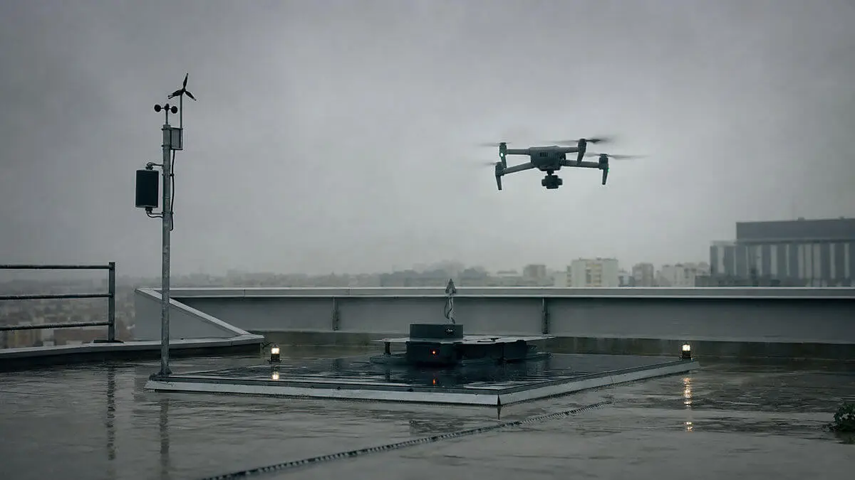 Cielo gris y llovizna; estación de drones en tejado con un dron en despegue y un rastro de hélice; sin personas; composición