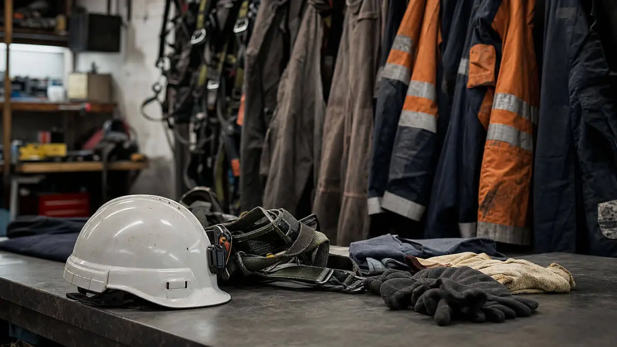 Pasillo técnico de mina con equipo: casco sobre banco y arnés desajustado sobre maniquí; cables y guantes; composicion limpia