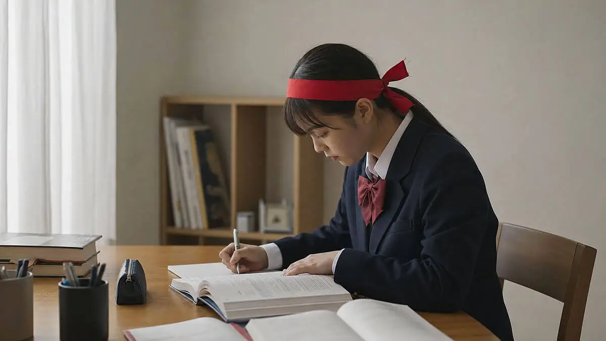 Fotografía editorial contemporánea en Japón: una estudiante con hachimaki rojo se prepara para estudiar en una mesa, concentr